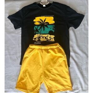 SHEIN Boys Sunshine Black Shirt/Yellow Shorts 2-Piece Set - 13 - 14Y